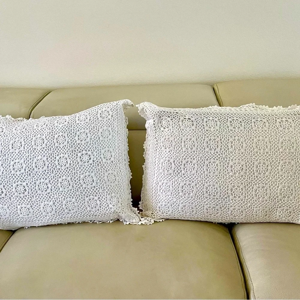 White Crochet Throw Pillows 21/26 inches